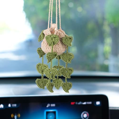 Image of Crochet Hanging Plant Car Air Freshener,10ml Empty Refillable Car Diffuser Bottle with Potted Plants Car Mirror Hanging Accessories Car Air Hanging Fragrance Oil Diffuser (Leaves)