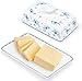 fanquare Porcelain Butter Dish with Lid, Classic Ceramic Butter Keeper with Raised Leg, Butter Dishes for Cafeteria Kitchen Countertop, Blue and White (Blue Rose)