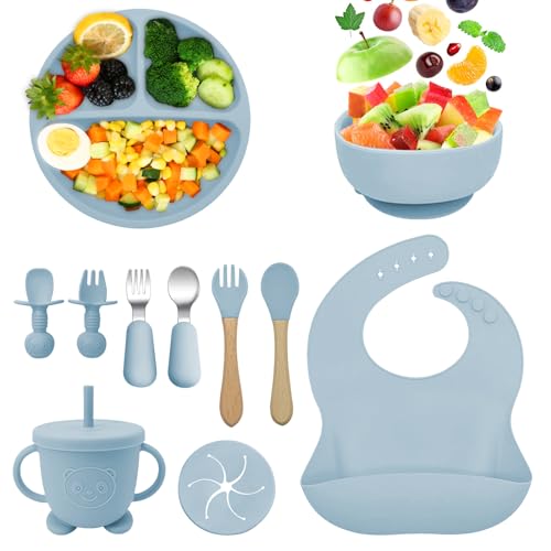 Bizcasa Vajilla para Bebés de Silicona,11 Piezas Vajilla de Silicona Plato Bebe Ventosa,Para Niños Aprender,Tazón de Platos,Cuchara de Babero,Tenedor,Taza de agua potable–Libre BPA