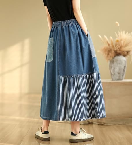 chouyatou Women's Retro Color Block Denim Skirt Striped Splicing Elastic High Waist A Line Midi Jean Skirt2