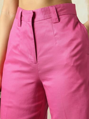 Image of High Star Women High Rise Solid Regular Length Wide Leg Casual Trousers