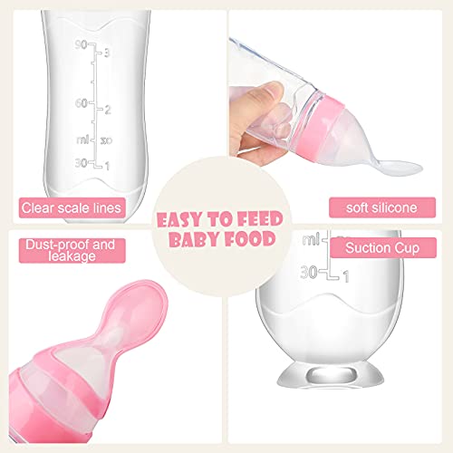 DELA DISCOUNT 41ZIySyKz-S Nuanchu 2 Pieces Baby Food Feeder Silicone Squeeze Feeding Spoon Baby Food Dispensing Spoon Suction Cup Design Feeder (Pink)  