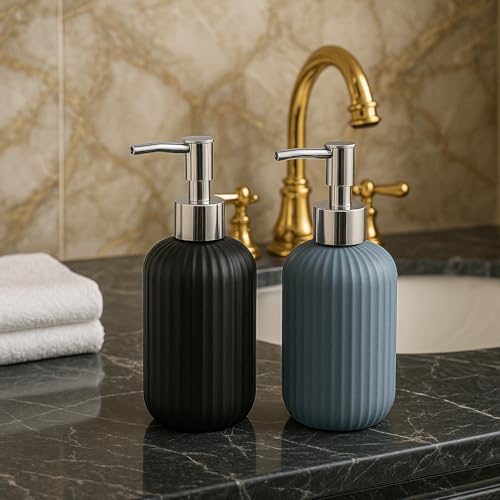 Image of LAGET 300ml Soap Dispenser for Wash Basin -Ribbed Design | Kitchen and Bathroom Accessories Items | Liquid Handwash Dispenser Bottle Chrome Finsih Top- Set of 2 (Black and Metallic Blue)
