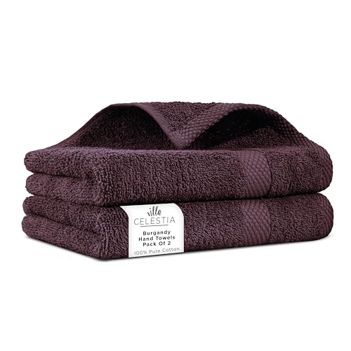 Image of Villa Celestia Cotton Hand Towels Set of 2, 16 x 28, Oeko-TEX Certified, Quick Dry, Burgandy