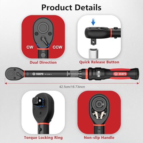 VANPO Clé Dynamométrique 1/2", 20-220NM Torque Wrench pour Voiture – vue 5