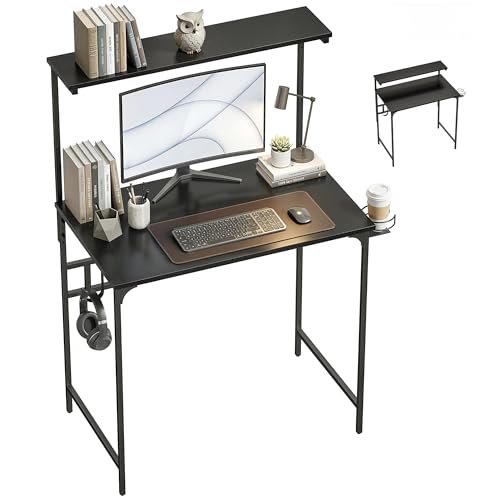 HOMCOM Escritorio para computadora, mesa de estudio de oficina en casa de 80 cm con estante de mesa ajustable, soporte para tazas, gancho para auriculares, marco de metal, escritorio para ahorrar