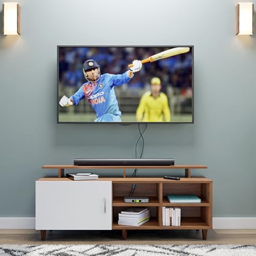 Image of VIKI Modern TV Unit for Living Room | Engineered Wood TV Cabinet with 1 Door Storage, 2 Open Shelves & Extension, Entertainment Unit, 140W x 48H x 40D cm | DIY | 1 Year Warranty (Walnut & White)