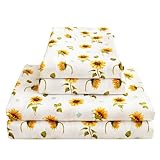 Floral Sheet Set Full, Sunflower Printed Bed Sheets Double, Brushed Microfiber Fitted Sheet with 15' Deep Pocket & Non-Slip Straps, Yellow Flower Pattern Cooling Sheet & Pillowcase Sets