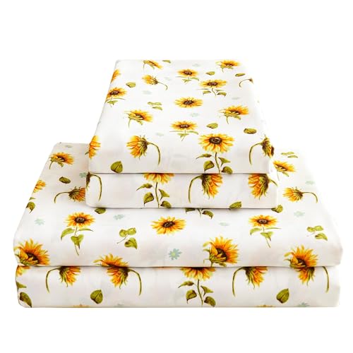 Image of Softan Yellow Floral Sheet Set King, Sunflower Printed Bed Sheets King, Brushed Microfiber Fitted Sheet with 15 inch Deep Pocket & Non-Slip Straps, Yellow Flower Patterned Sheet & Pillowcase Sets