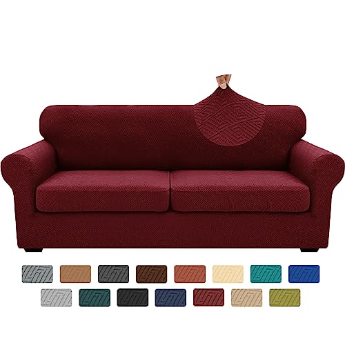 XINEAGE 2025 New 3 Pieces Couch Covers for 2 Extra Large Cushion Sofa Super Stretch Sofa Cover for 2 Large Seat Universal Loveseat Slip Cover for Living Room (Wine Red), 71"-91"(2 Cushions)