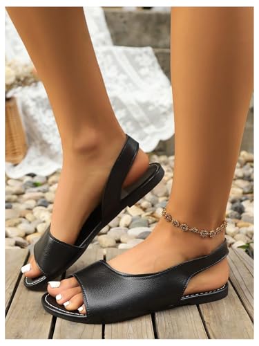 GORGLITTER Women's Slip on Sandals Dressy Open Toe Ankle Strap Leather Flat Slides3