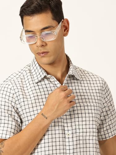 Image of Thomas Scott Men's | Checks | Half Sleeve | Slim Fit | Linen Blend | Spread Collar | Casual Shirt