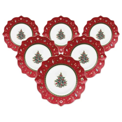 Villeroy & Boch Toy's Delight Frühstücksteller 6er Set, 24 cm, Weihnachtsgeschirr, Plätzchen- und Keksteller für Weihnachten, Premium Porzellan, Rot