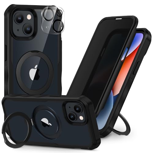 CENHUFO Privacy Phone Case for iPhone 14 / iPhone 13 [Compatible with Magsafe] Built-in Glass Privacy Screen Protector and Magnetic Ring Stand Full Body Shockproof Clear Camera Lens Cover -Black