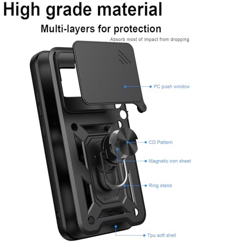 Image of Shockproof Back Case Cover for Nothing Phone 4A 5G, Shockproof Nothing Phone 4A Back Cover, Ring Case with Kickstand and Camera Protection Shutter - Black