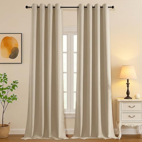 Image of Simplebrand Biscotti Beige Extra Long 10ft Curtains for Patio 120 Inches Long 2 Panels, Room Darkening Light Blocking Solid Thermal Insulated Energy Saving Grommet Noise Reducing Curtains, 50 Wx120 L