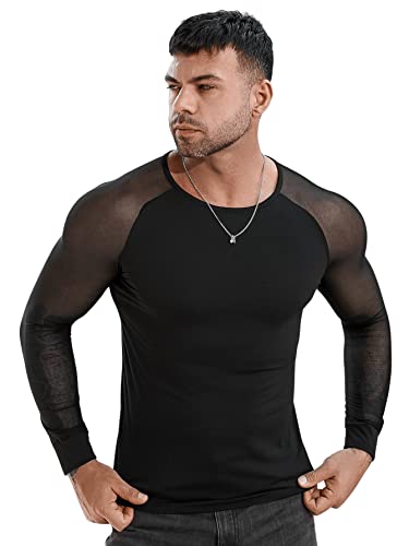Verdusa Men's Round Neck Mesh Long Sleeve Slim Fit Semi Sheer Tee Shirt Clubwear Top4