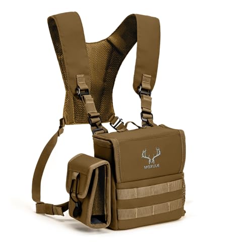 MOXULE Binocular Harness Chest Pack - Bino Case with Rangefinder Pocket and Waterproof Cover for Hiking Birdwatching Wolf Brown
