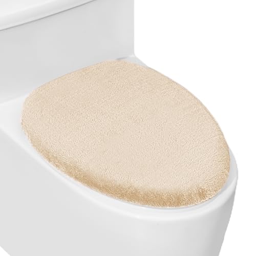 Soft Plush Toilet Lid Cover for Bathroom, Machine Washable Toilet Seat Covers, Fits Most Round Elongated and Oblong Lids, Easy Installation& Cleaning (Light Khaki)