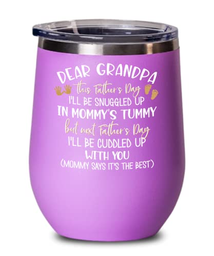 Fathers Day Wine Tumbler for New Grandpa Ill Be Snuggled In Mommys Tummy Cute Baby Foot and Hand Print First Time Grandfather Pregnancy Announcement 1