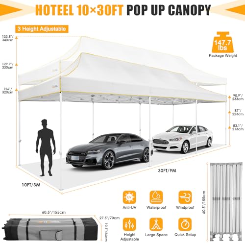Image of HOTEEL 10x30 Heavy Duty Pop Up Canopy Tent for Parties Event Wedding Commercial Instant Canopy with Wheeled Bag, Party Tent Waterproof UV 50+&Windproof, Upgraded Thick Hexagonal Legs, White