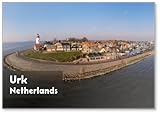 Design exclusif Aimant de réfrigérateur Phare d\'Urk sur la plage rocheuse au lac Ijsselmeer par l\'ancienne île Urk Flevoland Pays-Bas, vue d\'oiseau vue sur le vieux village néerlandais Urk, aimant de réfrigérateur