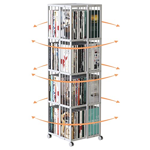 Huhote Rotating Bookcase White 4 Tiers Metal Bookshelf 360°Cubic Large Capacity For Small Space With Storage And Creative Multi-Layer Shelves,Magazine&Books For Bedroom Living Room Study And Office #TOP4