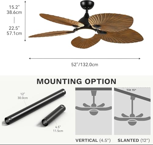 DWVO 52" Indoor Ceiling Fan with Light Kit & Remote - Tropical Palm Leaf Blades, Reversible Quiet DC Motor, 6-Speed Settings for Bedroom, Living Room, Dining Room