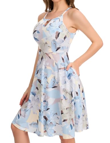 Image of JOYSHAPER Built in Bra Summer Dress Casual Beach Sundress Flowy Halter Dress with Pockets