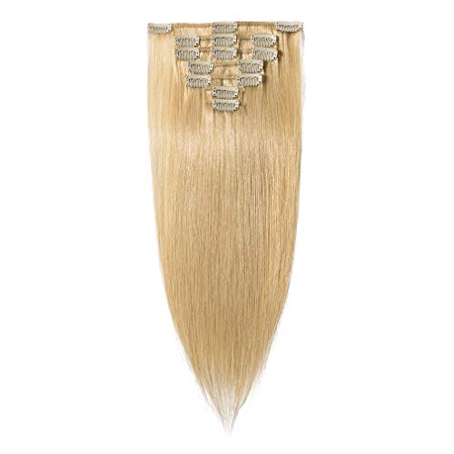 100% Remy Human Hair Clip in Extensions #24 Natural Blonde Grade AAAAA Natural Hair Full Head 7pcs 16clips Standard Weft Long Silky Straight for Women Fashion and Beauty 18" /18 inch 70g