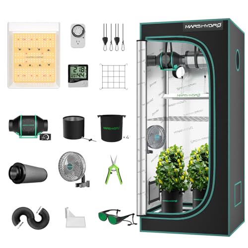 MARS HYDRO 2x2 Grow Tent Kit for New Grower 100W TS600 LED Grow Light, 24"x24"x55" 1680D High Reflective Mylar Grow Tent with 4” Ventilation System, Grow Tent Clip Fan