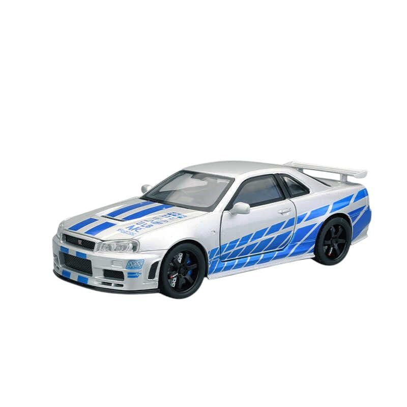 Image of 1:24 Scale Nissaan Skyline GTR-R34 Model Alloy Metal Pull Back Toy car for Kids with Openable Doors & Light, Music Toy Vehicle for Kids (1:32 Nissaan Skyline (Silver))