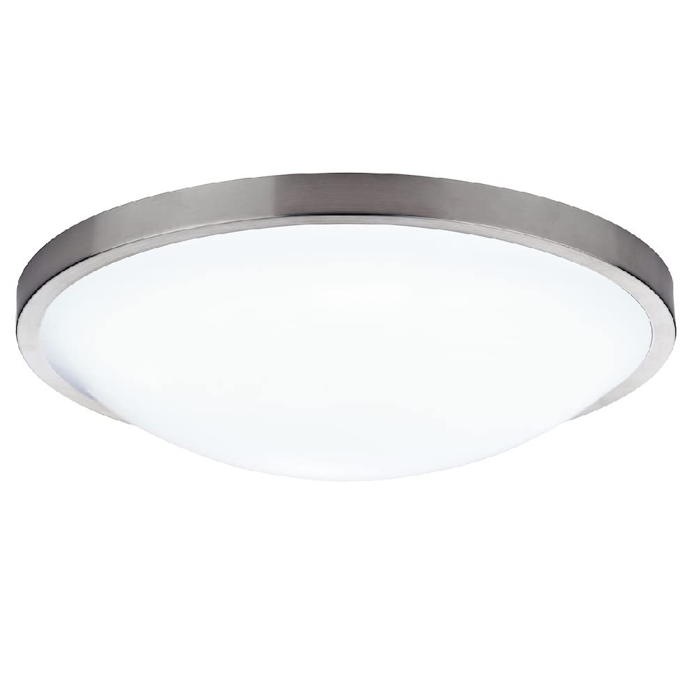 Britalia Satin Silver Chrome Bathroom Modern Round Flush Ceiling Light | 26cm Diameter | IP44 Rating | Opaque White Acrylic Diffuser | 1 x ES E27 Lamp Required | 240V UK | Outdoor Patio Light
