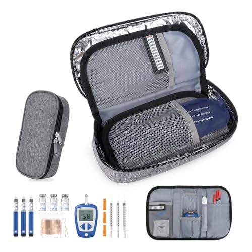 Bolsa Térmica Portátil para Insulina e Medicamentos Nylon com PVC e EVA 22x11,5x4 cm com Bolsa de Gelo Reutilizável Cinza