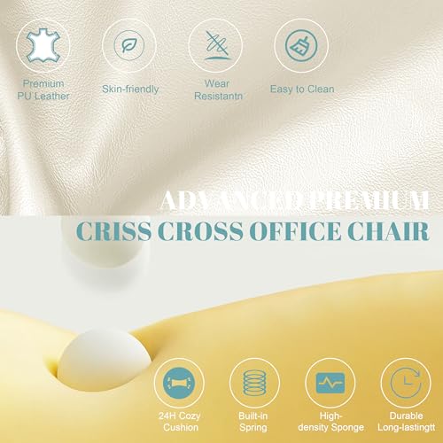 Image of Flip Armrests Criss Cross Office Chair, Reclining Office Chair with Foot Rest, Adjustable Headrest, Massage Waist Pillow, Cross Legged Big and Tall Desk Chair Wide Seat Vanity Chair, White PU Leather