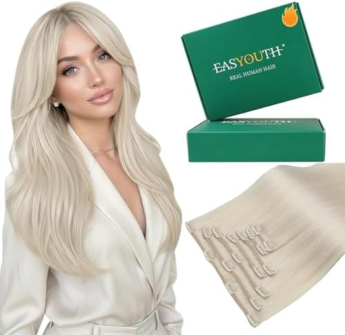 Easyouth Blonde Clip in Hair Extensions, Human Hair Extensions Clip Ins White Blonde, 7pcs 85g, Clip on Hair Extension for Women, for Party, Invisible Clip in Extension Real Human Hair