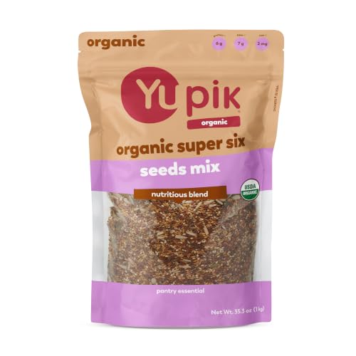 Yupik Organic Super 6 Seeds Mix, 2.2 lb (35.2 oz), GMO-Free, Kosher, Vegan, Rich in Fiber, Nutritious Raw Snack & Topping, With Brown & Golden Flax Seeds, Sunflower, Sesame, Chia & Pumpkin