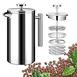 Small French Press Coffee Maker - Small 12oz/350ml Single Cup Metal French Press(1 Cup), Stainless Steel Double Wall Insulated Coffee & Tea Maker w/ 3 Extra Screens + 1 Spoon (Silver), Dishwasher Safe