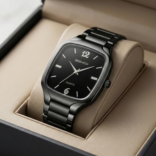 Image of Men's Analog Watch | Black Dial Square Stainless Steel Strap | Slim Quartz Wrist Watch for Men & Boys | Stylish Formal Casual Water Resistant Watch