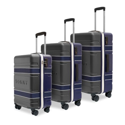 Image of Tommy Hilfiger Hard Luggage Set of 3 (Small, Mid and Large) Las-Vegas - Grey & Navy | Check-in Trolley Bags with TSA Lock | 360 Spinner Wheels | Telescopic Handle | Hardshell PC Suitcase