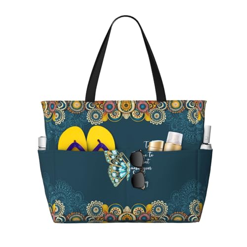 Owlfder Large Beach Bag for Women Butterfly Mandala Floral Print Waterproof Travel Shoulder Tote Bag with Pocket for Weekender Pool Vacation