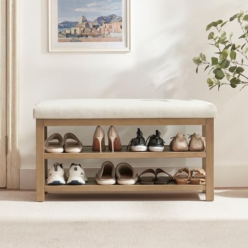 2 Tier Shoe Rack Bench with Cushion, Solid Wood Shoe Benches, Mid...