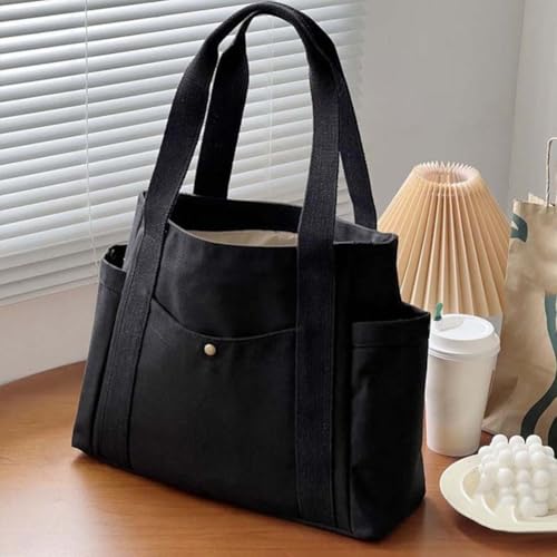 Elegante bolsa de lona para estudiantes universitarios, bolsa de transporte funcional con amplio espacio de almacenamiento (negro) Elegante bolsa de lona para estudiantes universitarios, bolsa de transporte funcional con amplio espacio de almacenamiento (negro)