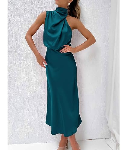 Image of Sexyshine Women's Elegant Halter Tie Neck Sleeveless Satin Long Dress Backless Split Cocktail Party Formal Wedding Maxi Dress