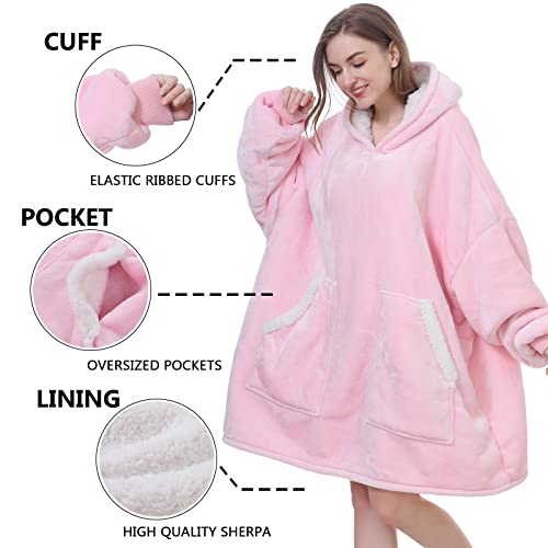 Kipswiza Oversized Wearable Blanket Sherpa Fleece Thick Warm Hoodie Blanket Giant Hooded Sweatshirt Blanket for Women Wife Mom Daughter Girls Gift - Pink