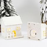 JOYWU 3 Pcs Lighted Wooden Snow Village Houses,LED Christmas House Ornaments,Mini Size White Christmas Village Set,Battery Powered Winter Xmas House Bulidings,Indoor Xmas Decor for Table Mantel (A) - Image 4