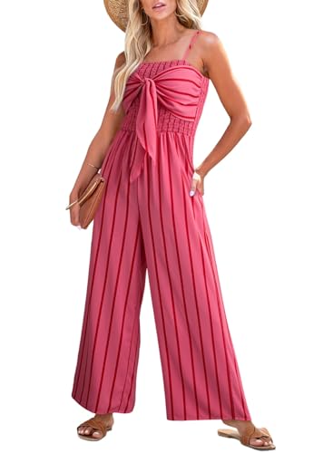 Dokotoo Jumpsuits for Women 2025 Fashion Spaghetti Strap Womens Boho Overalls Loose Casual Wide Leg One Piece Sleeveless Printed Beach Vacation Long Pant Rompers with Pockets,Rose-Striped X-Large