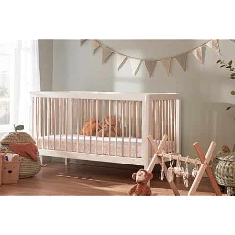 Lukas White Baby Cot Bed - Scandinavian Wooden Cot & Day Bed made with Natural Solid Birch Wood - Scandi Nursery Furniture with 3 Positions to grow with your Baby - Mattress sold separately (140x70cm) Cover