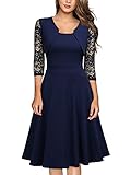 Miusol Women's Vintage Square Neck Floral Lace 2/3 Sleeve Cocktail Swing Dress, Navy Blue, Medium