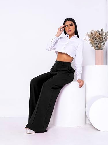 Calça Pantalona Alfaiataria Feminina Social Tecido Wide Leg Cor:Preta;Tamanho:P